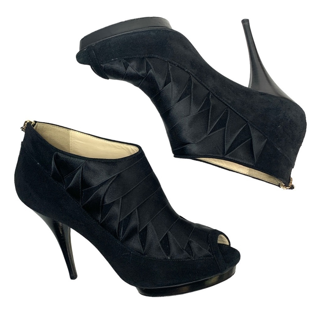 Oscar de la Renta‎ Suede & Satin Peep Toe Booties - Picture 2 of 8